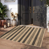 Striped beige and black jute rug on wooden porch near black front door