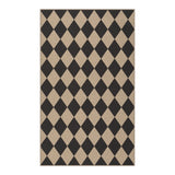 Black and beige diamond-patterned jute area rug, shown flat