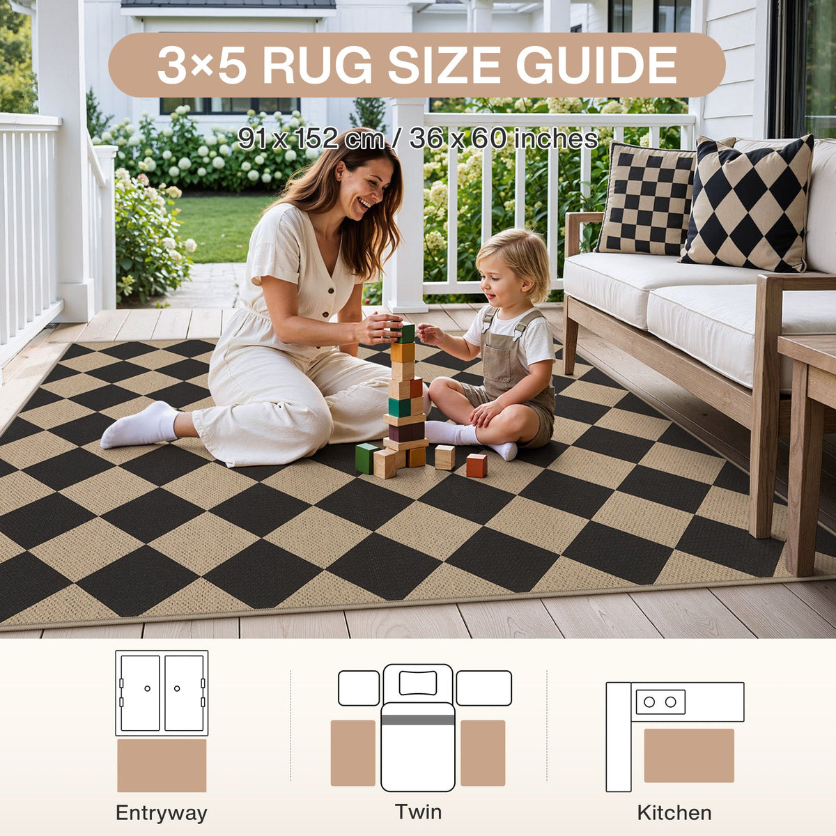 Black and beige checkered jute rug, 91 x 152 cm, on wooden porch with woman and child playing