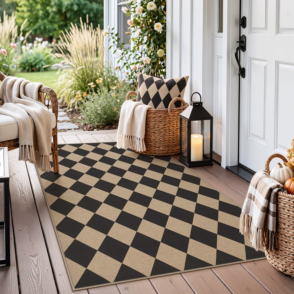 Black and beige checkered jute rug on wooden porch with wicker baskets and lantern