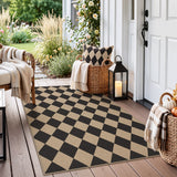 Black and beige checkered jute rug on wooden porch with wicker baskets and lantern