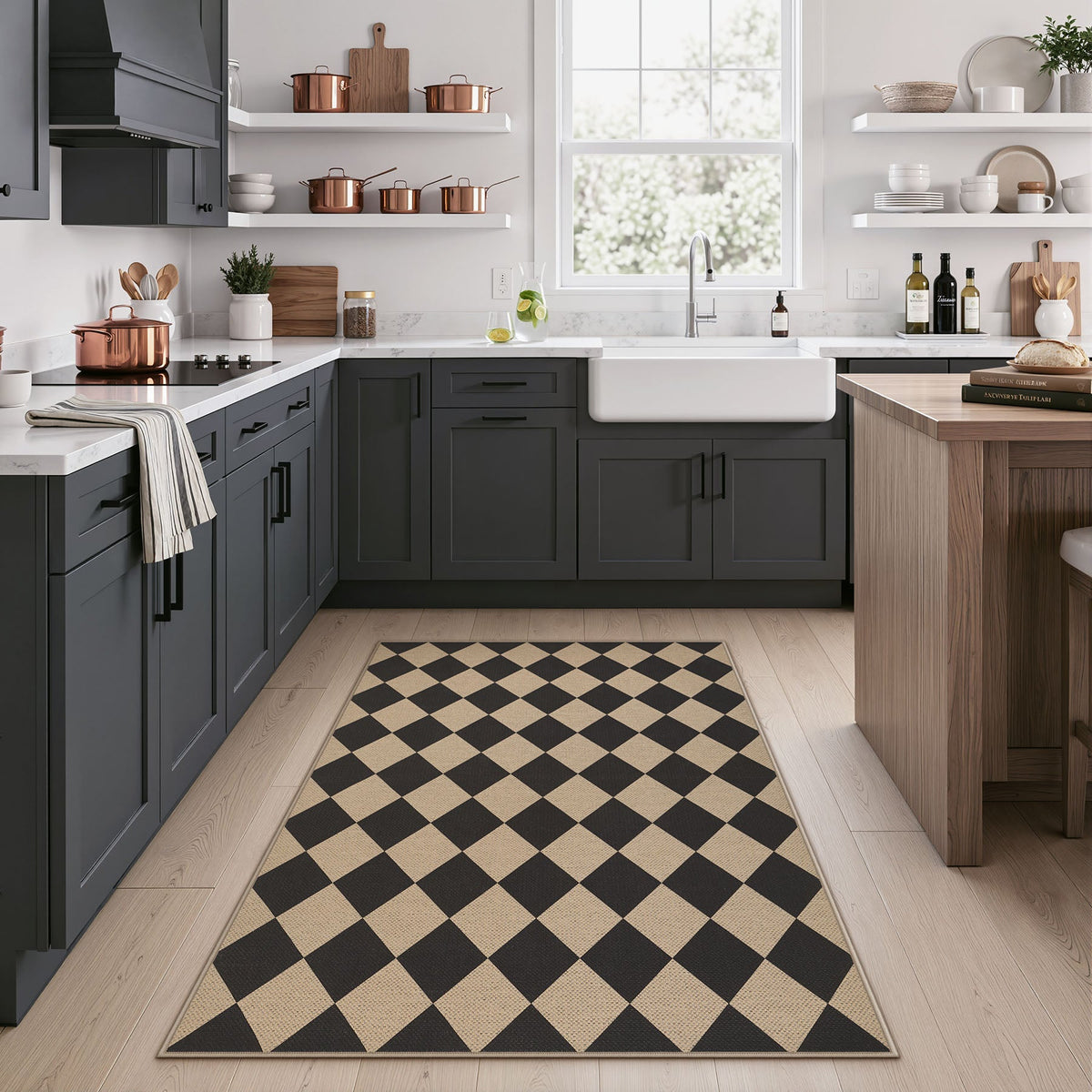 Black and beige checkered diamond jute rug on light wood floor in kitchen