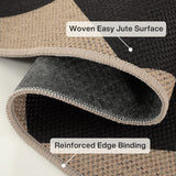 Close-up of checkered jute rug showing woven surface and reinforced edge binding