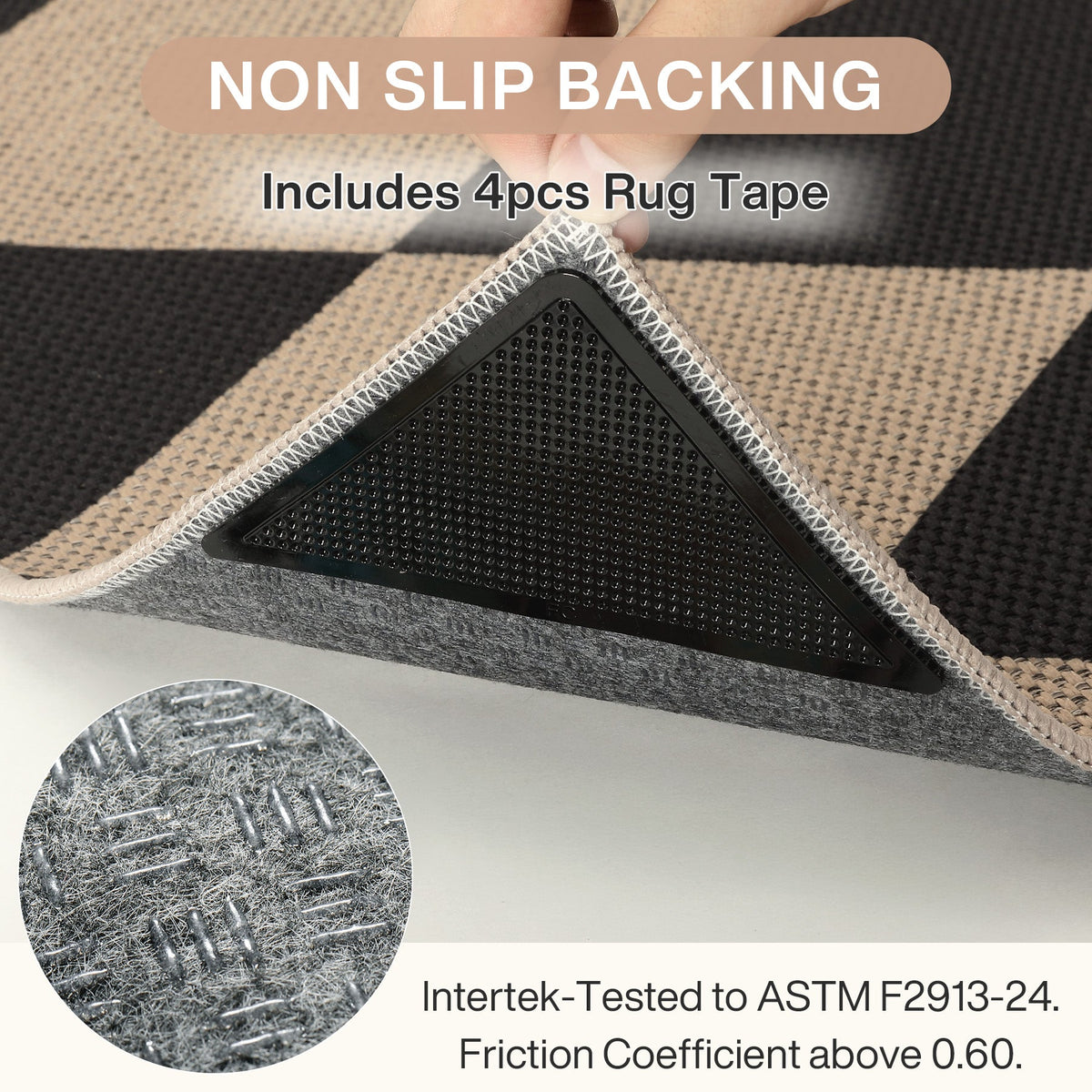 Close-up of black and beige checkered rug with non-slip backing and included rug tape