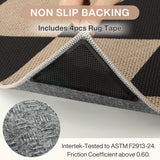 Close-up of black and beige checkered rug with non-slip backing and included rug tape