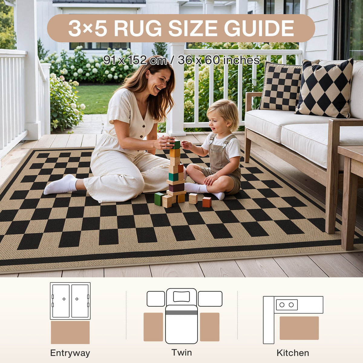 Checkered and Diamond Easy Jute Area Rug, Washable Non Slip Indoor Outdoor Entryway Kitchen Rug