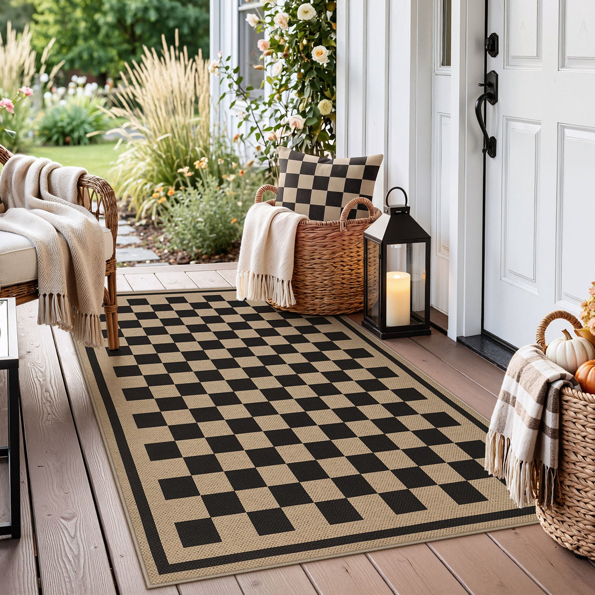 Checkered and Diamond Easy Jute Area Rug, Washable Non Slip Indoor Outdoor Entryway Kitchen Rug