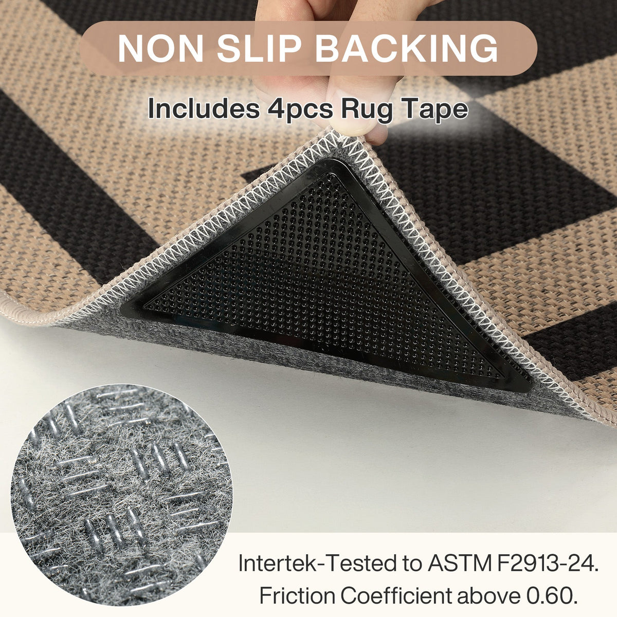 Close-up of rug backing showing non-slip texture and included rug tape