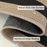 Close-up of checkered jute rug with reinforced edge binding and woven surface texture