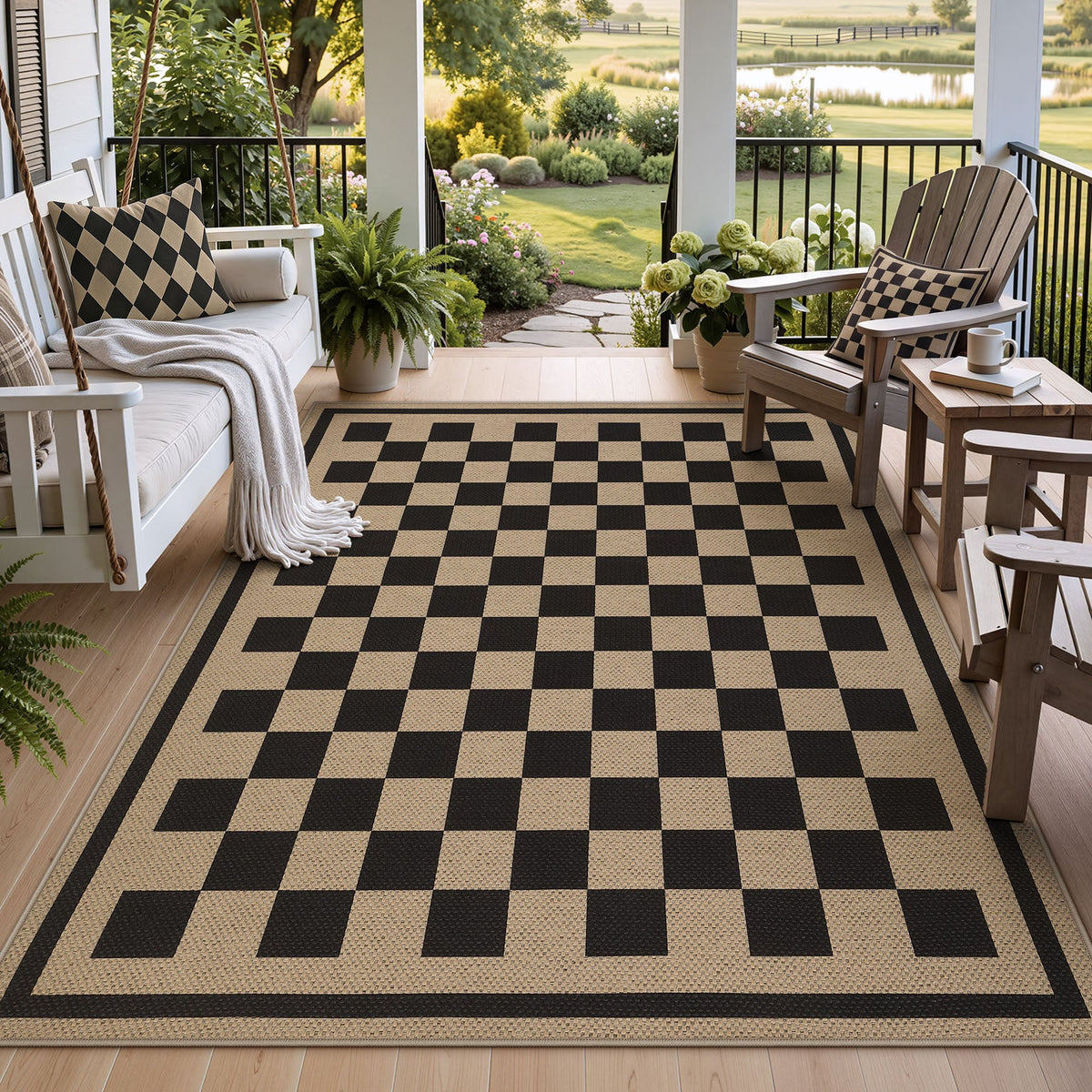 Black and beige checkered jute rug on a wooden porch with outdoor furniture