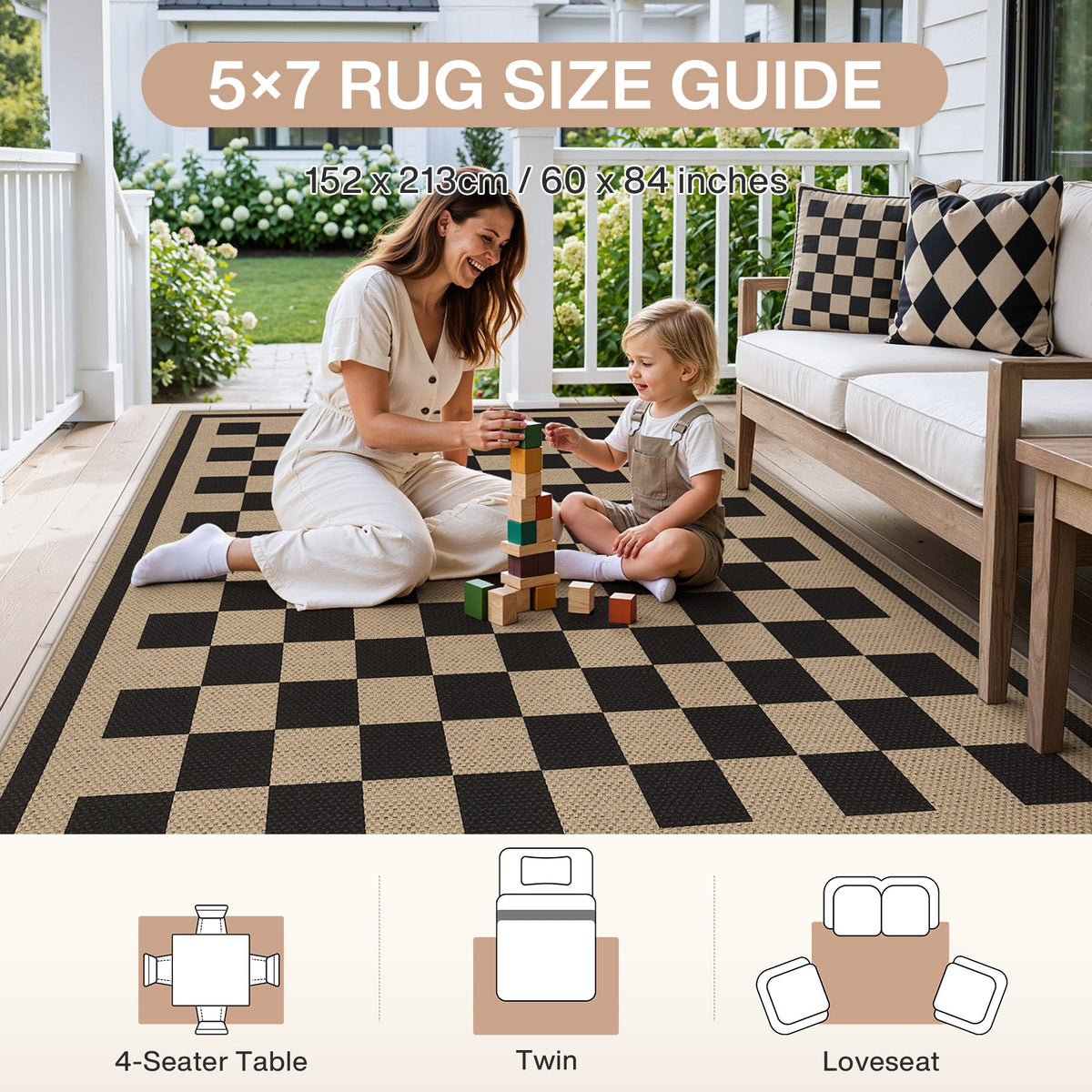 Black and beige checkered jute rug on porch with woman and child playing, 152 x 213cm size guide shown