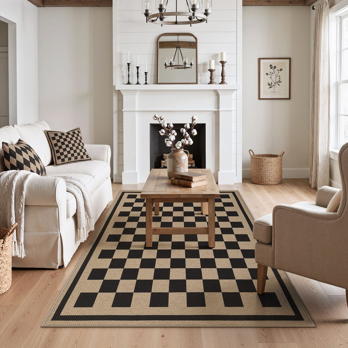 Black and beige checkered jute area rug on light wood floor in a living room