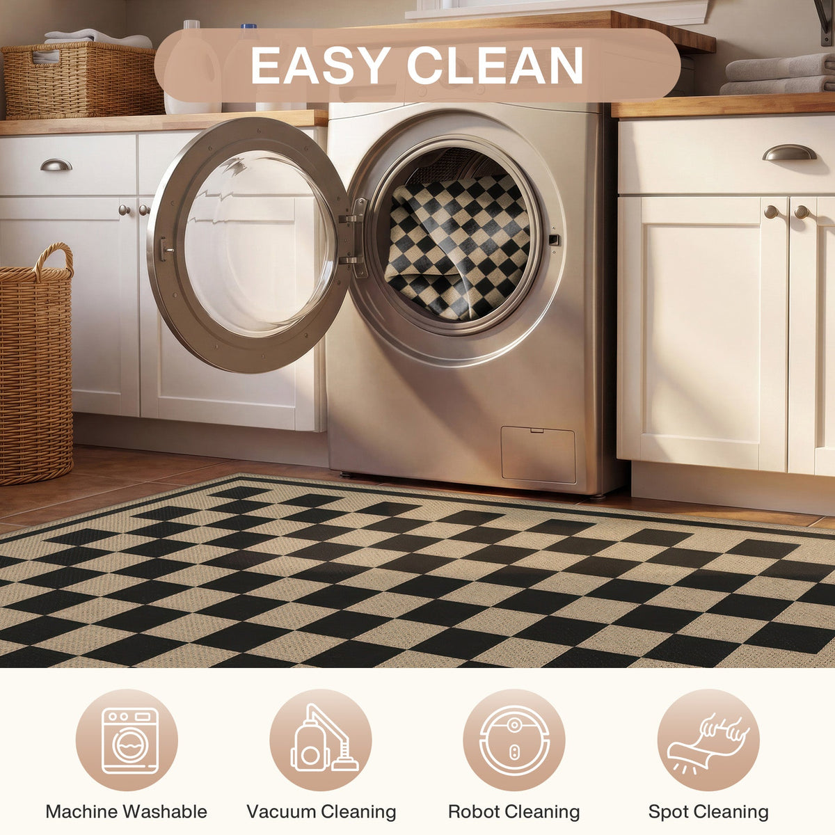 Black and beige checkered jute rug on kitchen floor with open washing machine