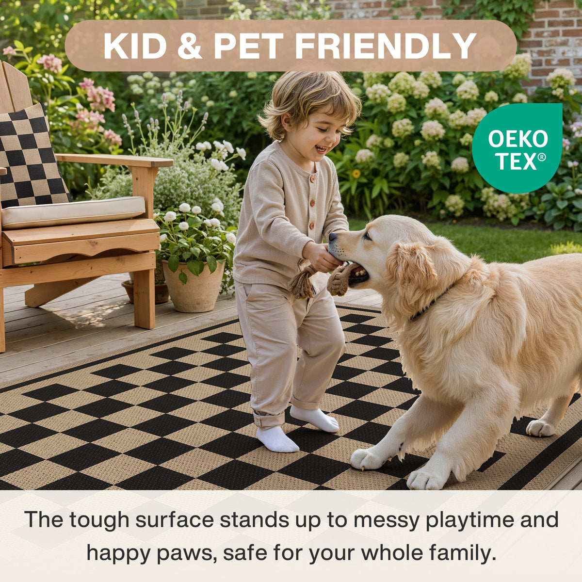 Child and dog playing on black and beige checkered jute rug outdoors
