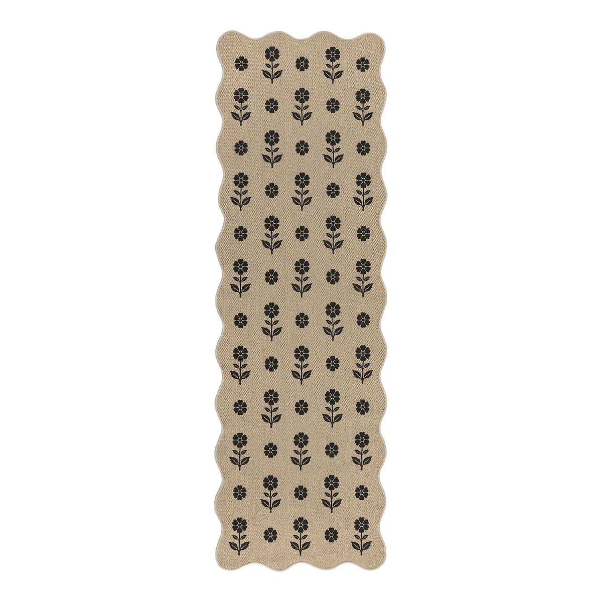 Beige jute runner rug with black floral pattern, shown flat on floor