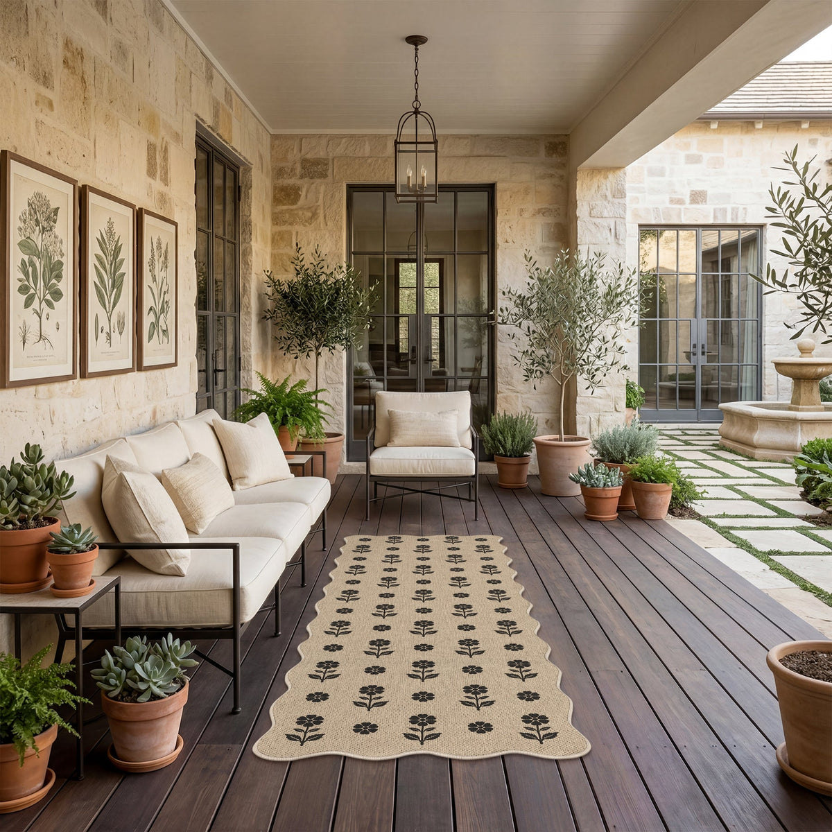 Beige jute runner rug with black floral pattern on dark wood deck in outdoor patio setting