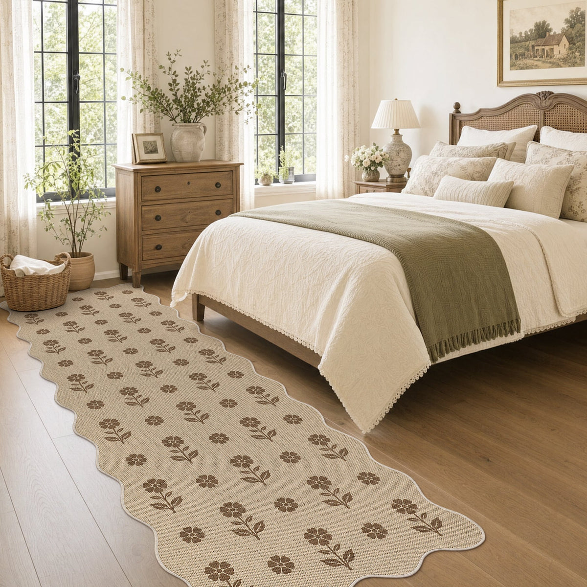 Beige jute runner rug with brown floral pattern on wooden floor in bedroom