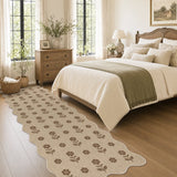 Beige jute runner rug with brown floral pattern on wooden floor in bedroom