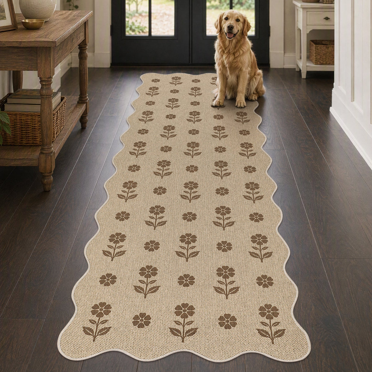 Beige jute runner rug with brown floral pattern, shown in hallway with golden retriever sitting on it