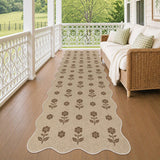 Beige floral jute runner rug on wooden porch with wicker sofa and white railing