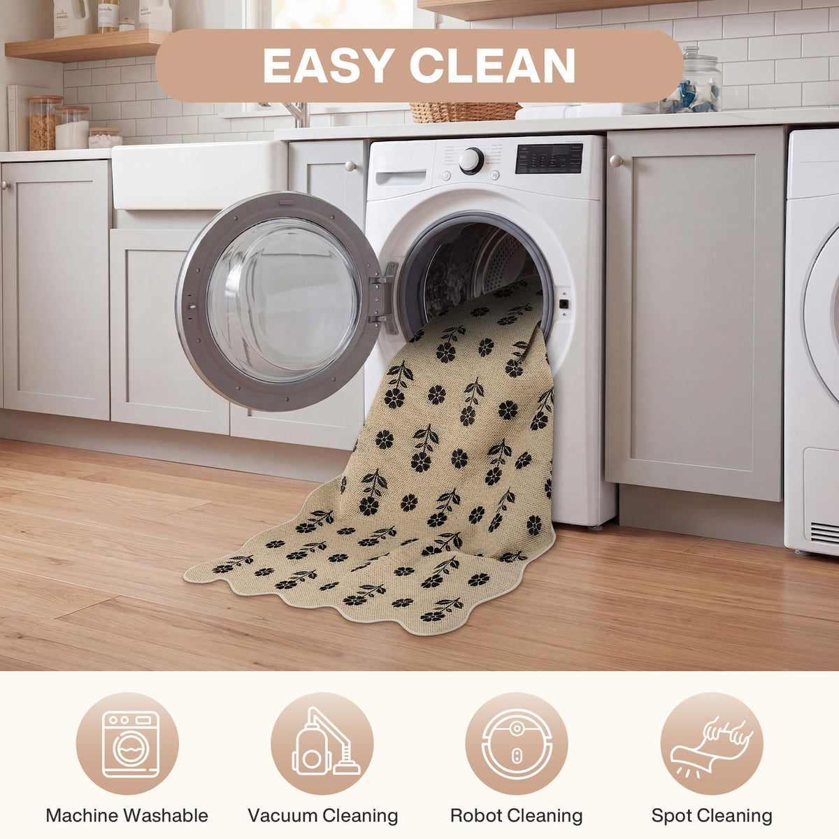 Beige jute rug with black floral pattern emerging from open washing machine in kitchen