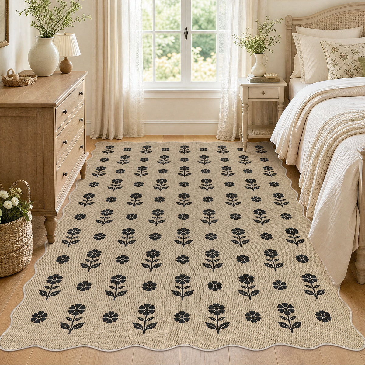 Black floral pattern on beige jute rug in a bedroom with wooden floors and furniture
