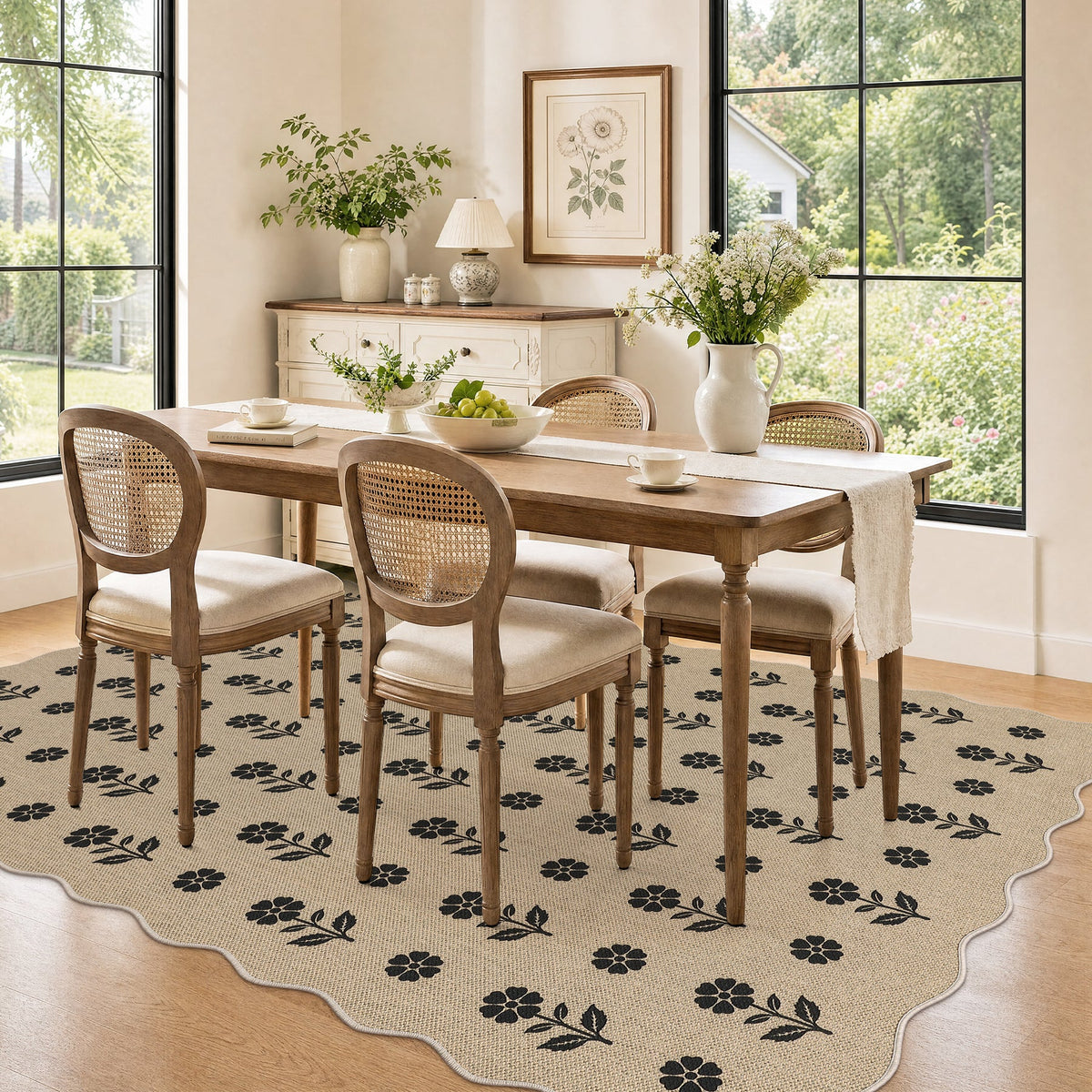 Black floral pattern on beige jute rug in dining room with wooden table and chairs