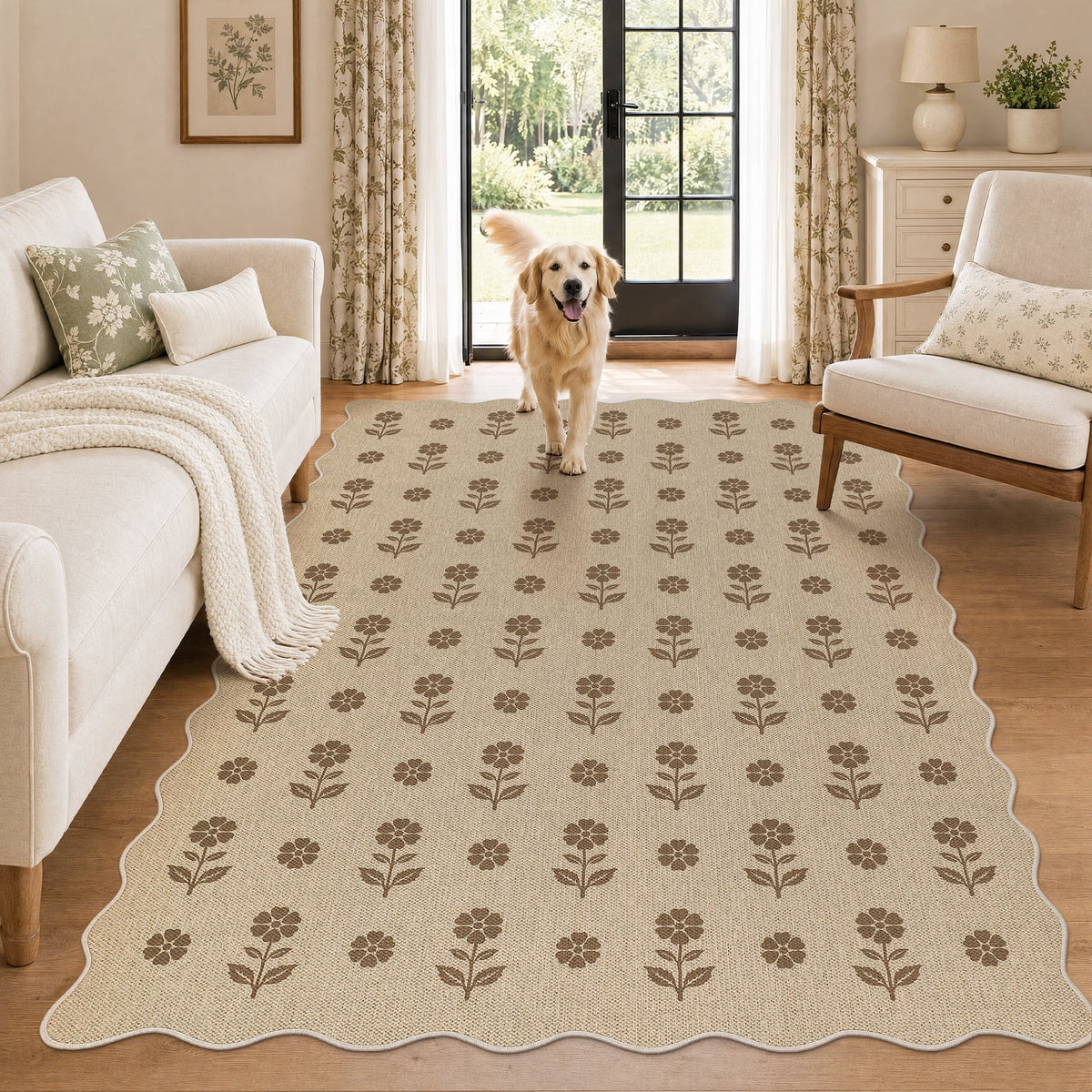 Beige jute rug with brown floral pattern, shown in a living room with a dog standing on it
