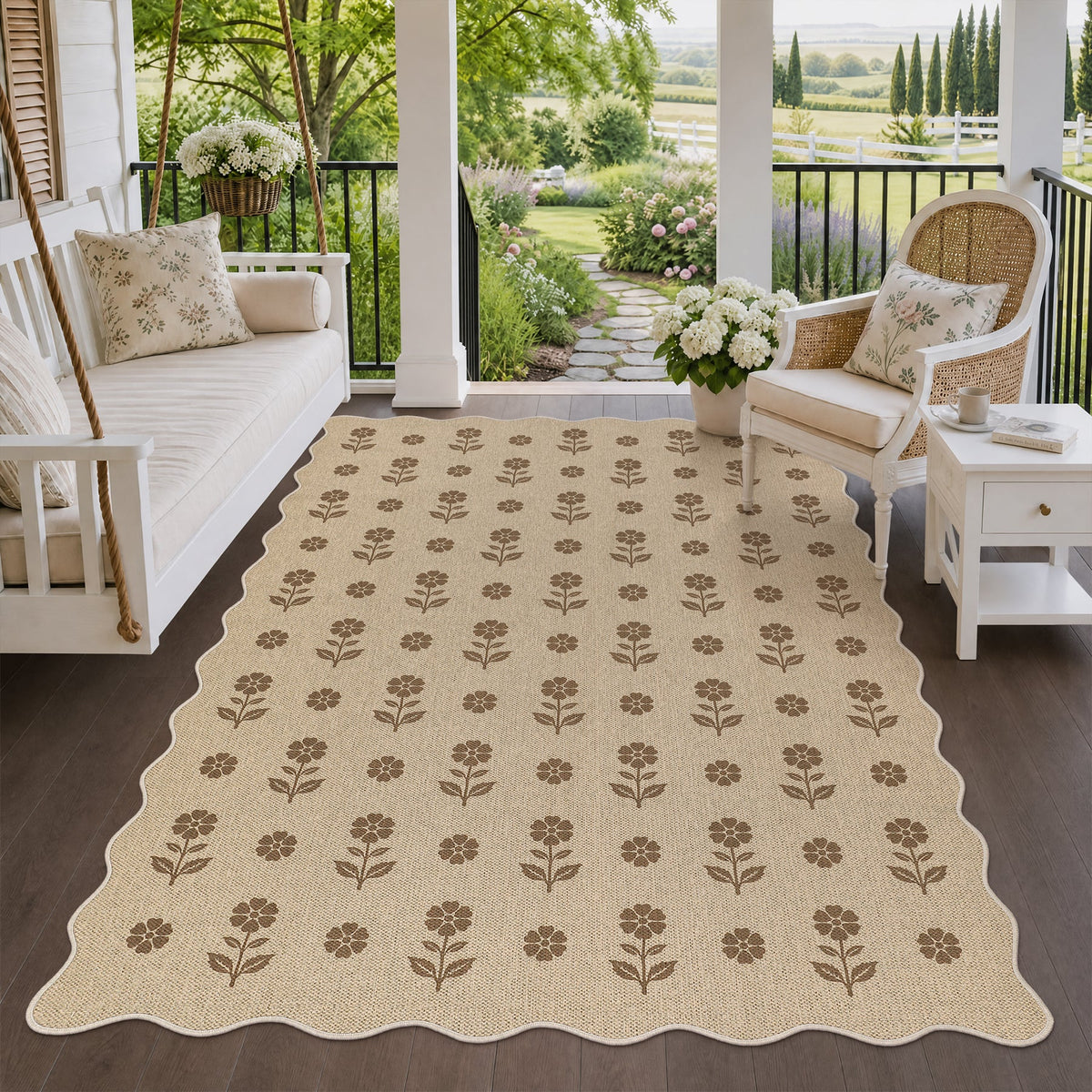 Beige jute rug with brown floral pattern on wooden floor in porch setting