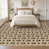 Black floral pattern on beige jute rug in a bedroom setting
