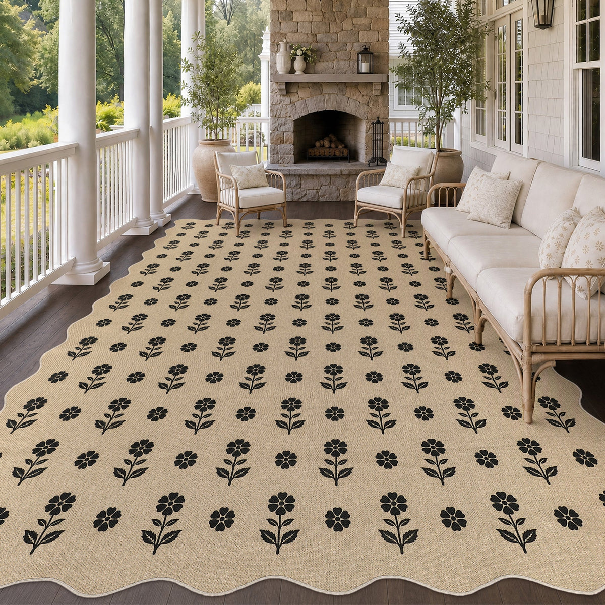 Black floral pattern on beige jute rug on wooden porch with furniture