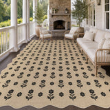 Black floral pattern on beige jute rug on wooden porch with furniture
