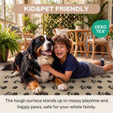 A child and dog on a beige floral jute rug in a sunlit room with plants and furniture