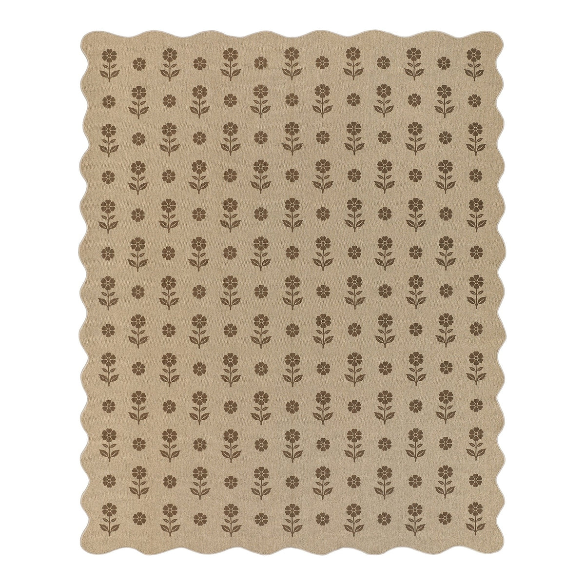 Beige jute rug with black floral pattern, scalloped edges, shown flat