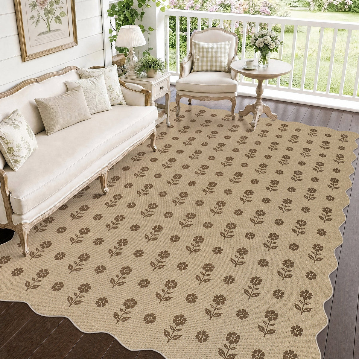 Beige jute rug with brown floral pattern on wooden floor in a furnished porch setting