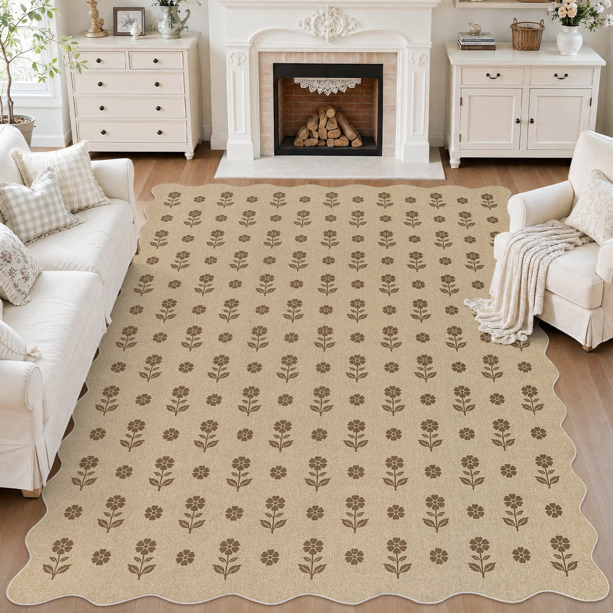 Beige floral jute rug with brown pattern, shown in a living room with white furniture