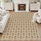 Beige floral jute rug with brown pattern, shown in a living room with white furniture