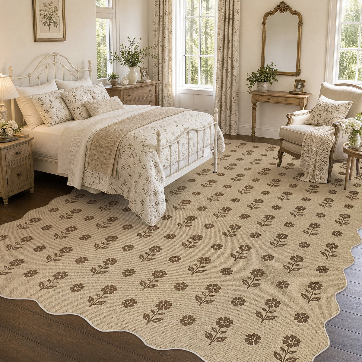 Beige floral jute rug with scalloped edge in a bedroom setting