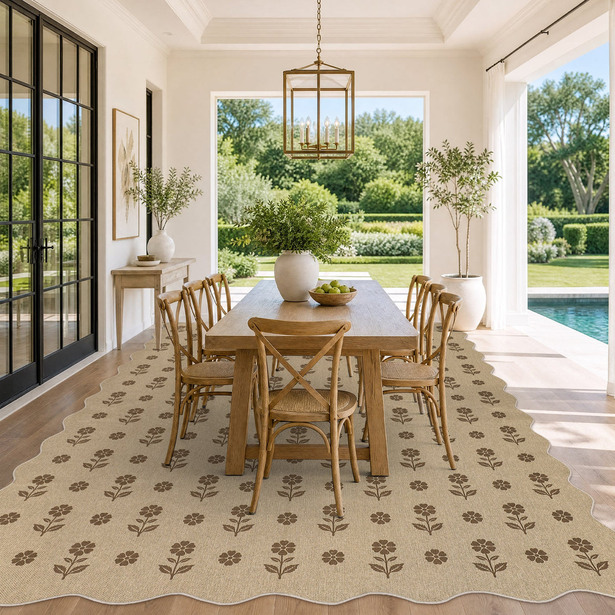 Beige jute rug with brown floral pattern under wooden dining table in sunlit room