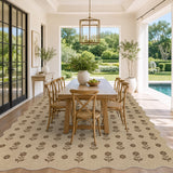 Beige jute rug with brown floral pattern under wooden dining table in sunlit room