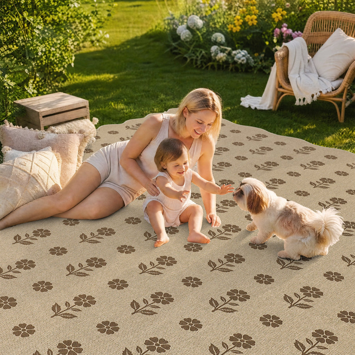 A beige jute rug with brown floral pattern, shown outdoors with a woman, child, and dog