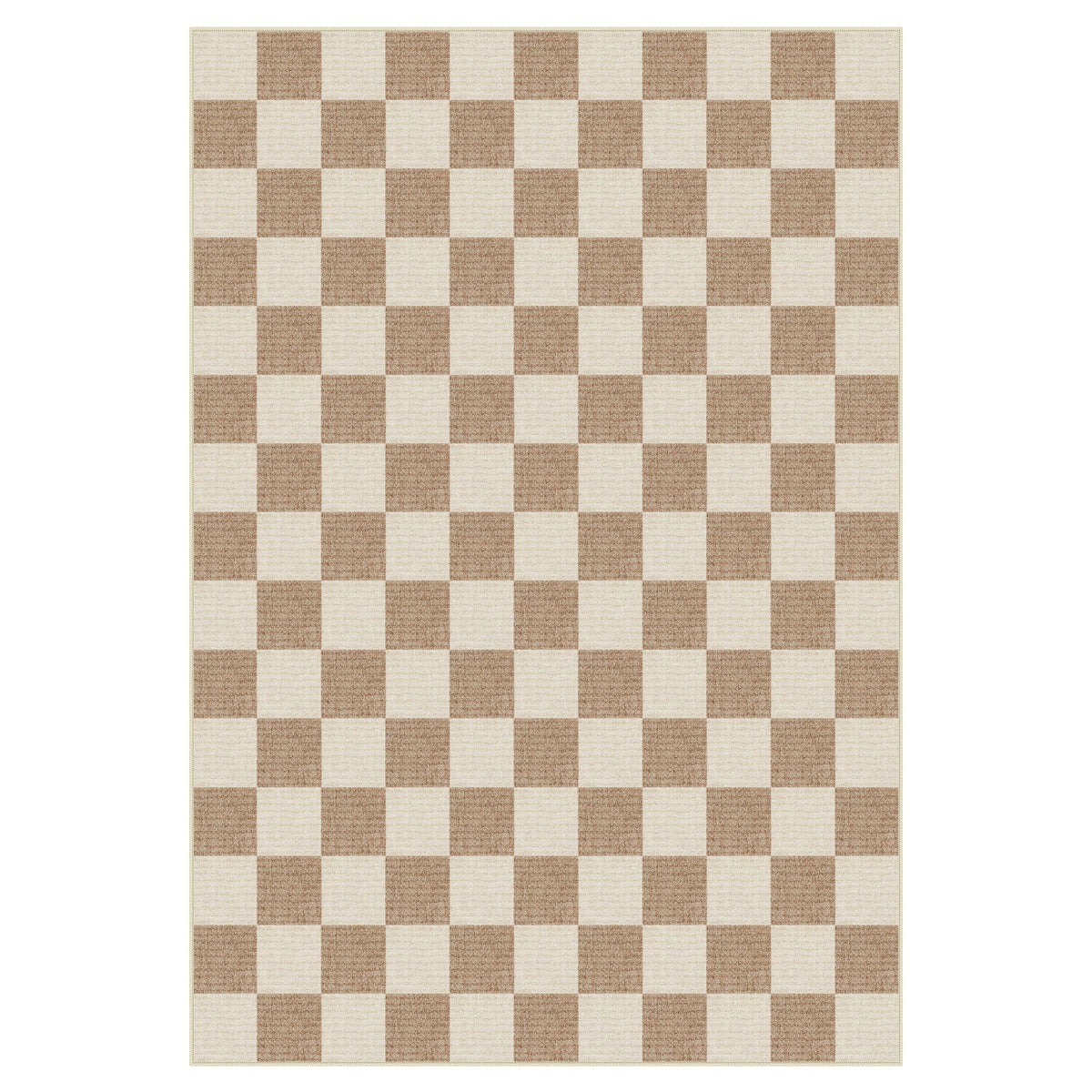 Beige and cream checkered area rug, flat lay view