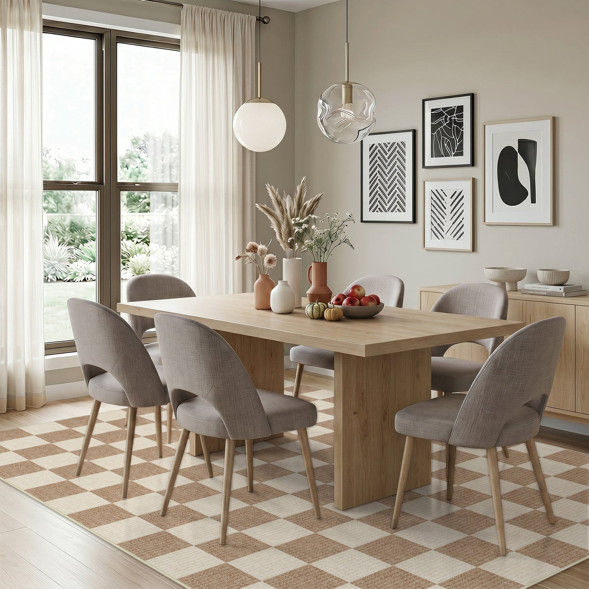 Beige and cream checkered area rug on wooden floor in dining room with table and chairs