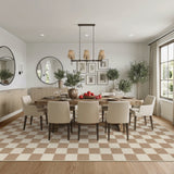 Beige and cream checkered area rug on wooden floor in dining room with table and chairs