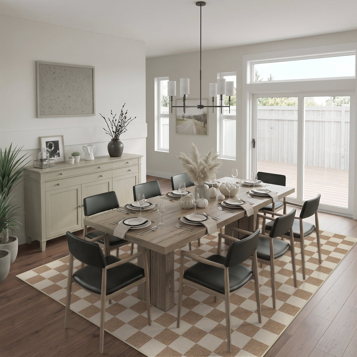 Checkered area rug in beige and cream on wooden floor in dining room