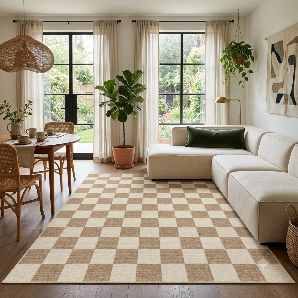 Beige and cream checkered area rug on hardwood floor in a living room with sofa and dining table