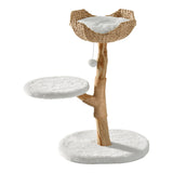 35" tall solid wood cat tree with white cushioned platforms and wicker basket bed, shown from side angle