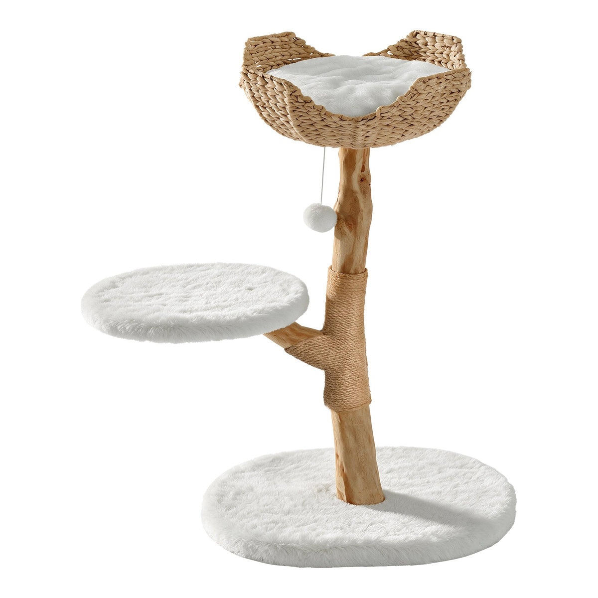 35" Tall Solid Wood Cat Tree, Boho Cat Tower with Cat Ear Wicker Basket Bed with Real Branch Design