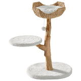 35-inch tall cat tree with white plush platforms, wicker basket bed, and natural wood branch design