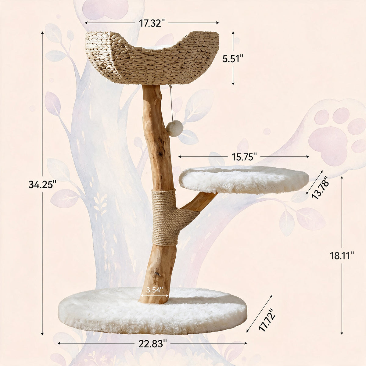 34.25" tall solid wood cat tree with wicker basket, faux fur platforms, and branch design, showing dimensions